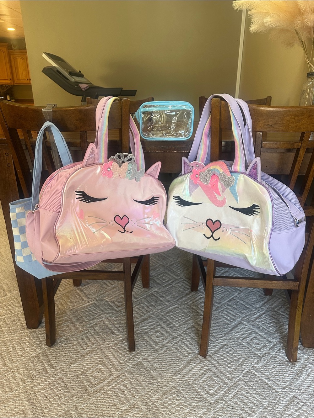 🐱Kitty Travel Bags w/ Blue and Cream Checkerboard Tote with Clear Cosmetic Pouch